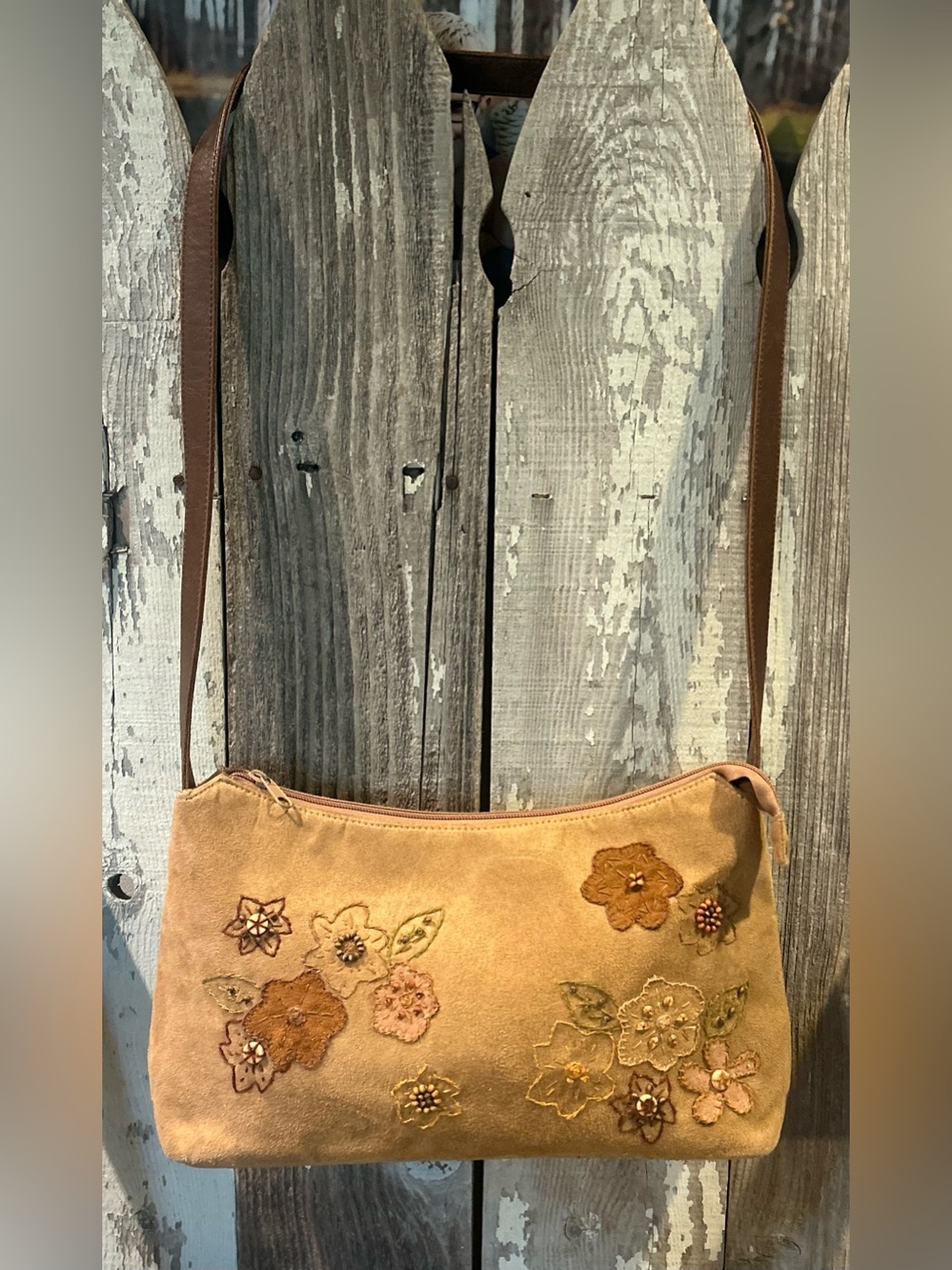 Vintage Cappelli Straworld Faux Suede Embroidered Floral Bag